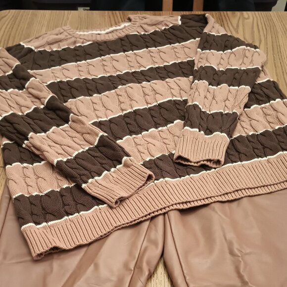 Lands' End Drifter Size XL Brown and Tan Striped Cable Sweater Like New - Picture 1 of 11